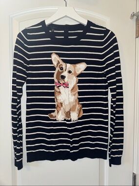Talbots Navy and White Striped Sweater with Corgi Motif